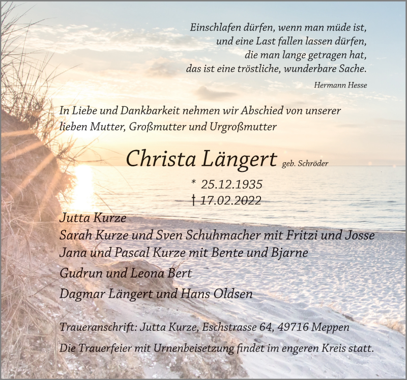  Traueranzeige für Christa Längert vom 19.02.2022 aus Neue Osnabrücker Zeitung GmbH & Co. KG