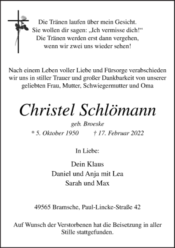 Traueranzeige von Christel Schlömann von Neue Osnabrücker Zeitung GmbH & Co. KG
