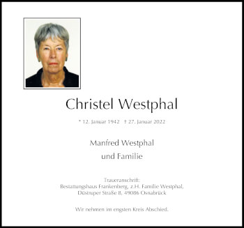 Traueranzeige von Christel Westphal von Neue Osnabrücker Zeitung GmbH & Co. KG