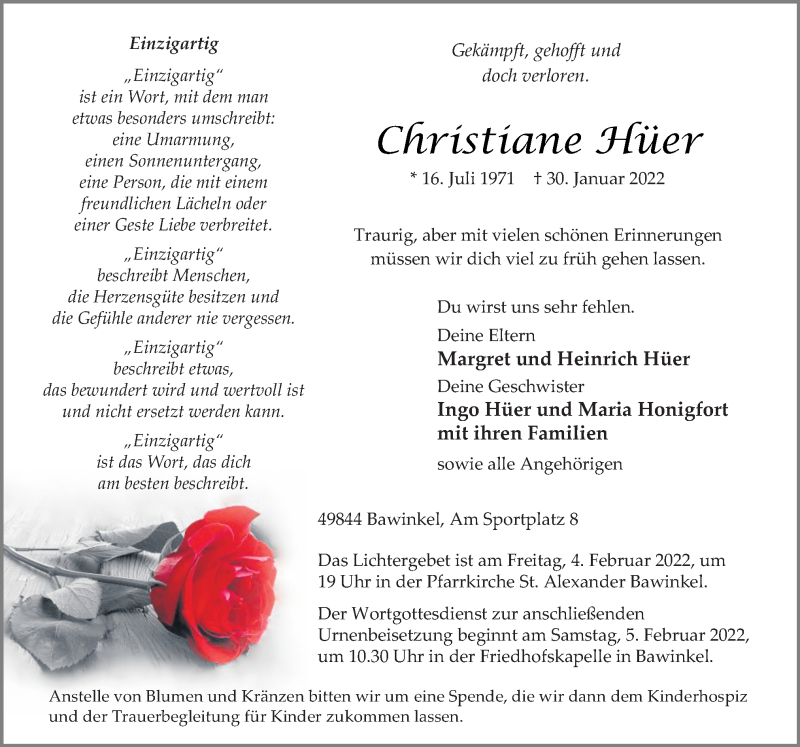  Traueranzeige für Christiane Hüer vom 01.02.2022 aus Neue Osnabrücker Zeitung GmbH & Co. KG