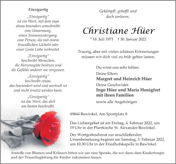 Traueranzeige von Christiane Hüer von Neue Osnabrücker Zeitung GmbH & Co. KG