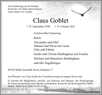 Traueranzeige von Claus Goblet von Neue Osnabrücker Zeitung GmbH & Co. KG