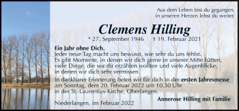 Traueranzeige von Clemens Hilling von Neue Osnabrücker Zeitung GmbH & Co. KG