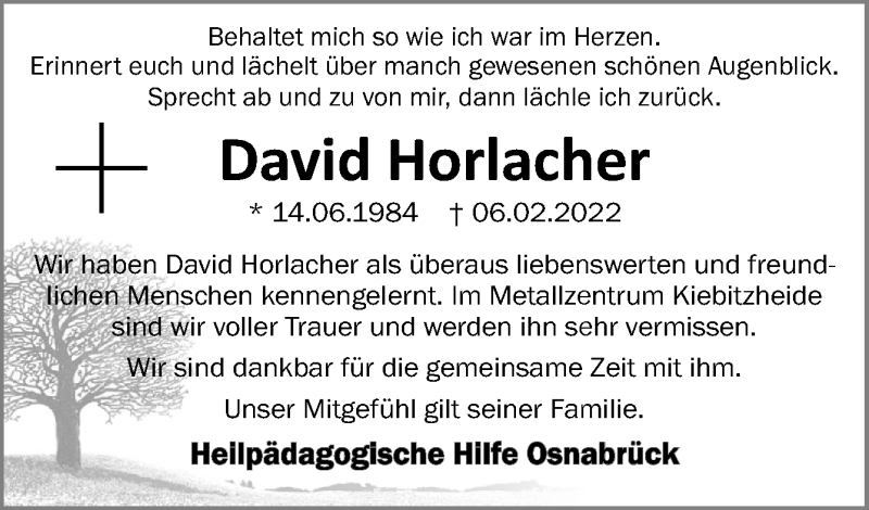  Traueranzeige für David Horlacher vom 19.02.2022 aus Neue Osnabrücker Zeitung GmbH & Co. KG
