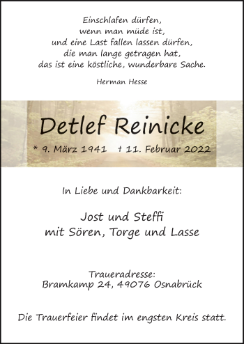 Traueranzeige von Detlef Reinicke von Neue Osnabrücker Zeitung GmbH & Co. KG