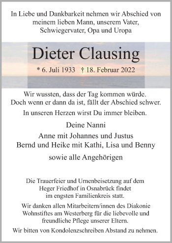 Traueranzeige von Dieter Clausing von Neue Osnabrücker Zeitung GmbH & Co. KG