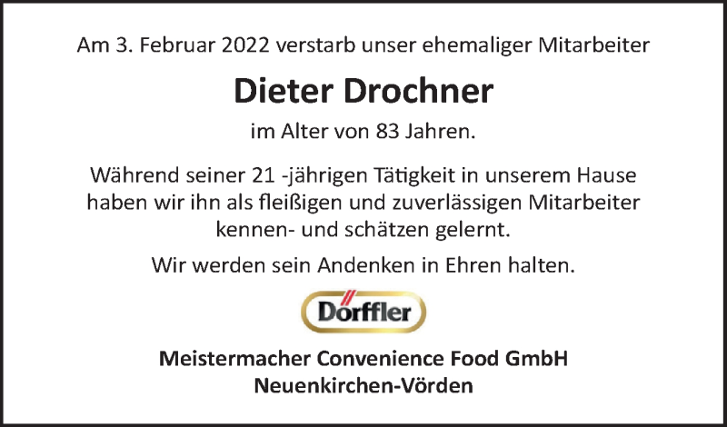  Traueranzeige für Dieter Drochner vom 18.02.2022 aus Neue Osnabrücker Zeitung GmbH & Co. KG
