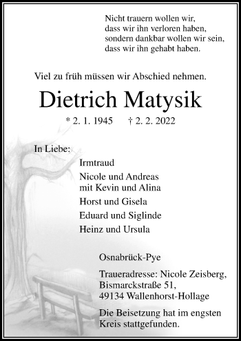 Traueranzeige von Dietrich Matysik von Neue Osnabrücker Zeitung GmbH & Co. KG