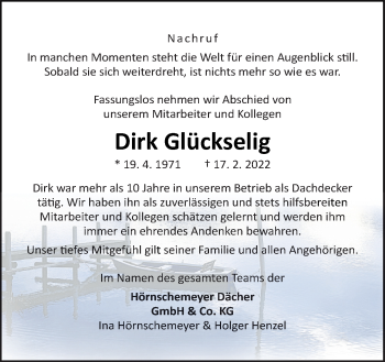 Traueranzeige von Dirk Glückselig von Neue Osnabrücker Zeitung GmbH & Co. KG