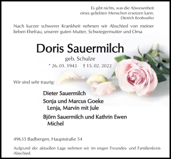 Traueranzeige von Doris Sauermilch von Neue Osnabrücker Zeitung GmbH & Co. KG