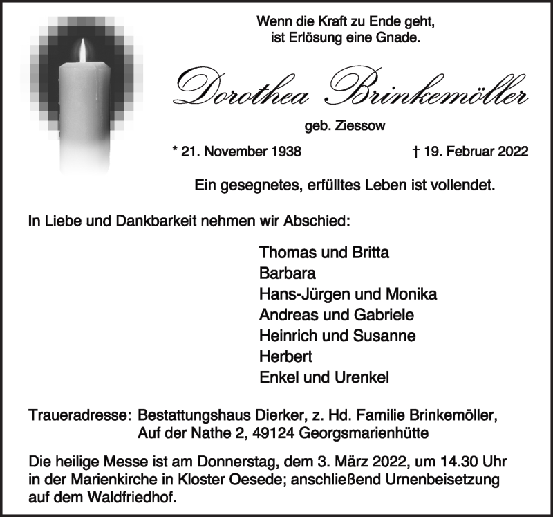 Traueranzeige für Dorothea Brinkmöller vom 26.02.2022 aus Neue Osnabrücker Zeitung GmbH & Co. KG