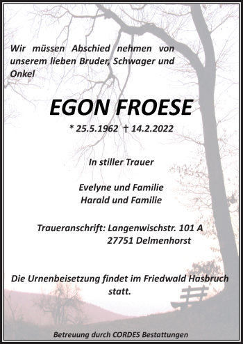 Traueranzeige von Egon Frose von Neue Osnabrücker Zeitung GmbH & Co. KG