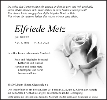 Traueranzeige von Elfriede Metz von Neue Osnabrücker Zeitung GmbH & Co. KG