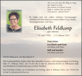 Traueranzeige von Elisabeth Feldkamp von Neue Osnabrücker Zeitung GmbH & Co. KG