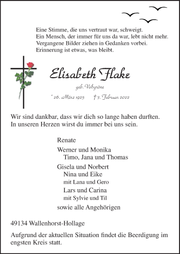 Traueranzeige von Elisabeth Flake von Neue Osnabrücker Zeitung GmbH & Co. KG