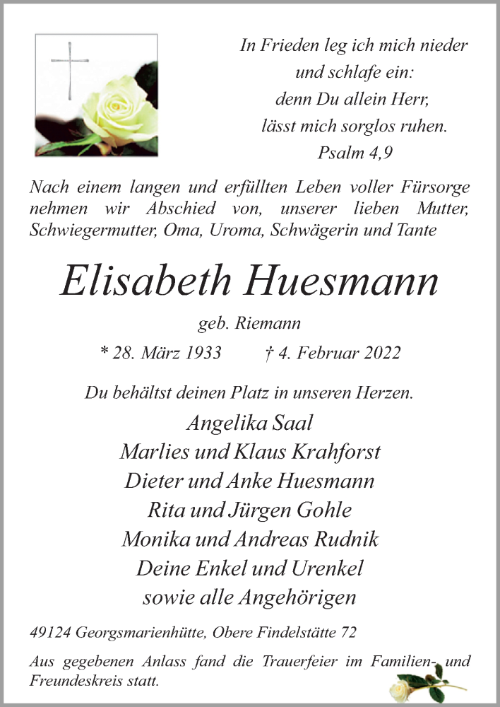  Traueranzeige für Elisabeth Huesmann vom 12.02.2022 aus Neue Osnabrücker Zeitung GmbH & Co. KG