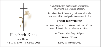 Traueranzeige von Elisabeth Klaas von Neue Osnabrücker Zeitung GmbH & Co. KG