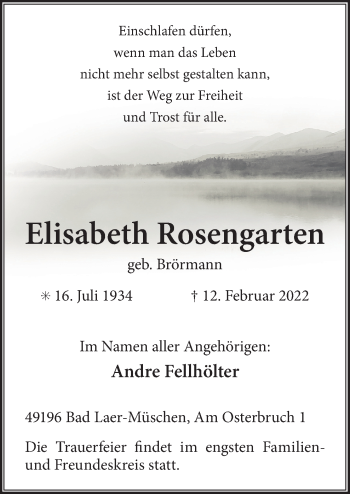 Traueranzeige von Elisabeth Rosengarten von Neue Osnabrücker Zeitung GmbH & Co. KG