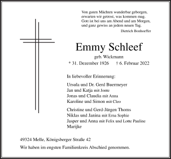 Traueranzeige von Emmy Schleef von Neue Osnabrücker Zeitung GmbH & Co. KG