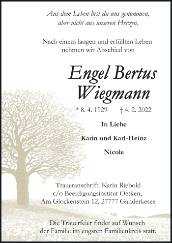 Traueranzeige von Engel Bertus Wiegmann von Neue Osnabrücker Zeitung GmbH & Co. KG