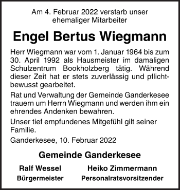 Traueranzeige von Engel Bertus Wiegmann von Neue Osnabrücker Zeitung GmbH & Co. KG