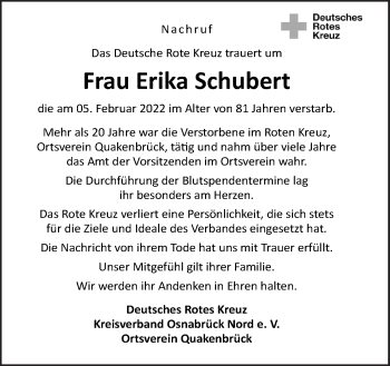 Traueranzeige von Erika Schubert von Neue Osnabrücker Zeitung GmbH & Co. KG