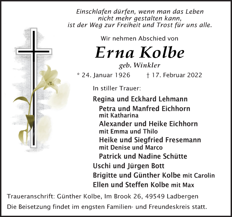  Traueranzeige für Erna Kolbe vom 22.02.2022 aus Neue Osnabrücker Zeitung GmbH & Co. KG