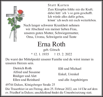 Traueranzeige von Erna Roth von Neue Osnabrücker Zeitung GmbH & Co. KG