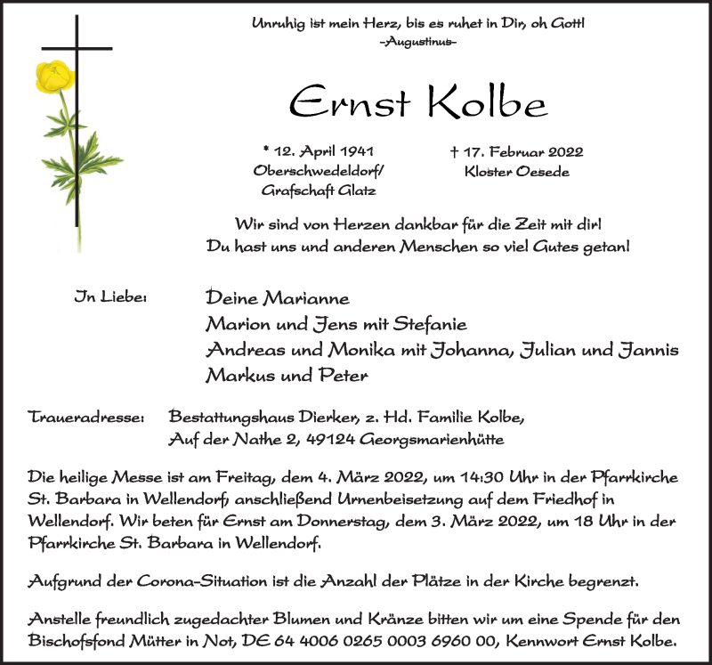  Traueranzeige für Ernst Kolbe vom 23.02.2022 aus Neue Osnabrücker Zeitung GmbH & Co. KG