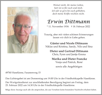 Traueranzeige von Erwin Dittmann von Neue Osnabrücker Zeitung GmbH & Co. KG