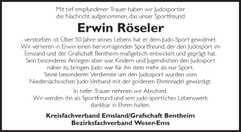 Traueranzeige von Erwin Röseler von Neue Osnabrücker Zeitung GmbH & Co. KG