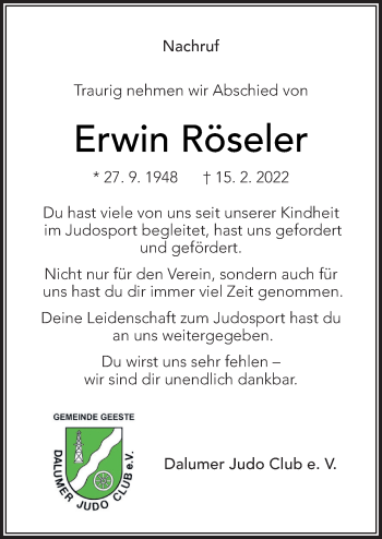 Traueranzeige von Erwin Röseler von Neue Osnabrücker Zeitung GmbH & Co. KG