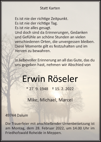 Traueranzeige von Erwin Röseler von Neue Osnabrücker Zeitung GmbH & Co. KG