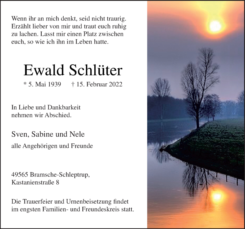  Traueranzeige für Ewald Schlüter vom 19.02.2022 aus Neue Osnabrücker Zeitung GmbH & Co. KG