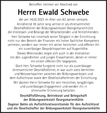 Traueranzeige von Ewald Schwebe von Neue Osnabrücker Zeitung GmbH & Co. KG