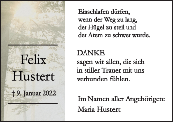 Traueranzeige von Felix Hustert von Neue Osnabrücker Zeitung GmbH & Co. KG