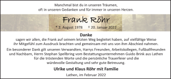 Traueranzeige von Frank Röhr von Neue Osnabrücker Zeitung GmbH & Co. KG