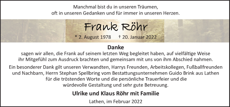  Traueranzeige für Frank Röhr vom 19.02.2022 aus Neue Osnabrücker Zeitung GmbH & Co. KG