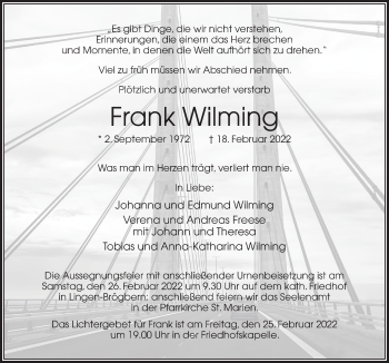 Traueranzeige von Frank Wilming von Neue Osnabrücker Zeitung GmbH & Co. KG