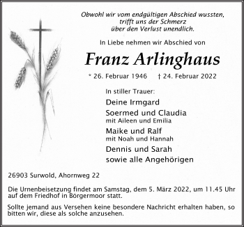 Traueranzeige von Franz Arlinghaus von Neue Osnabrücker Zeitung GmbH & Co. KG