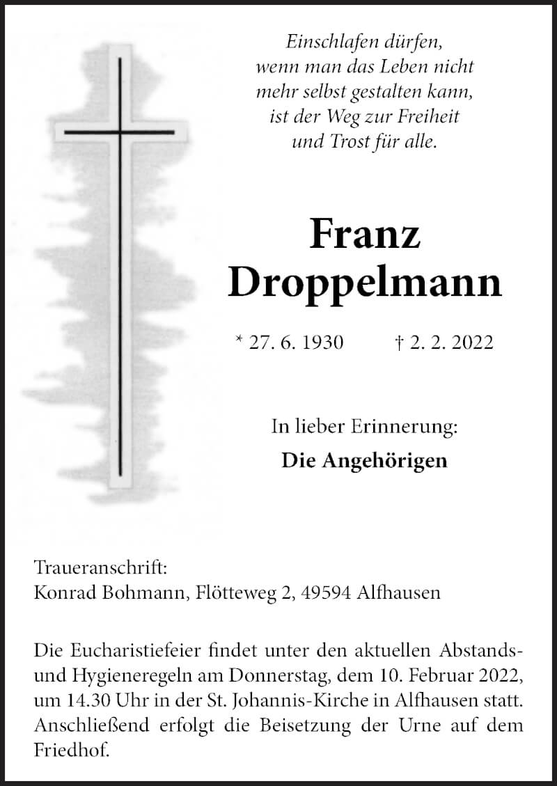  Traueranzeige für Franz Droppelmann vom 05.02.2022 aus Neue Osnabrücker Zeitung GmbH & Co. KG