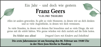 Traueranzeige von Franz Geers von Neue Osnabrücker Zeitung GmbH & Co. KG