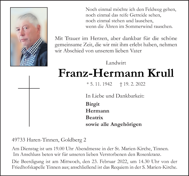  Traueranzeige für Franz-Hermann Krull vom 21.02.2022 aus Neue Osnabrücker Zeitung GmbH & Co. KG