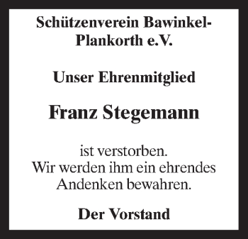 Traueranzeige von Franz Stegemann von Neue Osnabrücker Zeitung GmbH & Co. KG