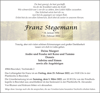 Traueranzeige von Franz Stegemann von Neue Osnabrücker Zeitung GmbH & Co. KG