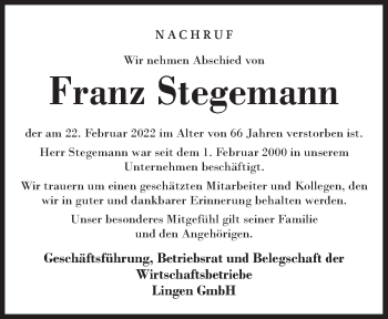 Traueranzeige von Franz Stegemann von Neue Osnabrücker Zeitung GmbH & Co. KG