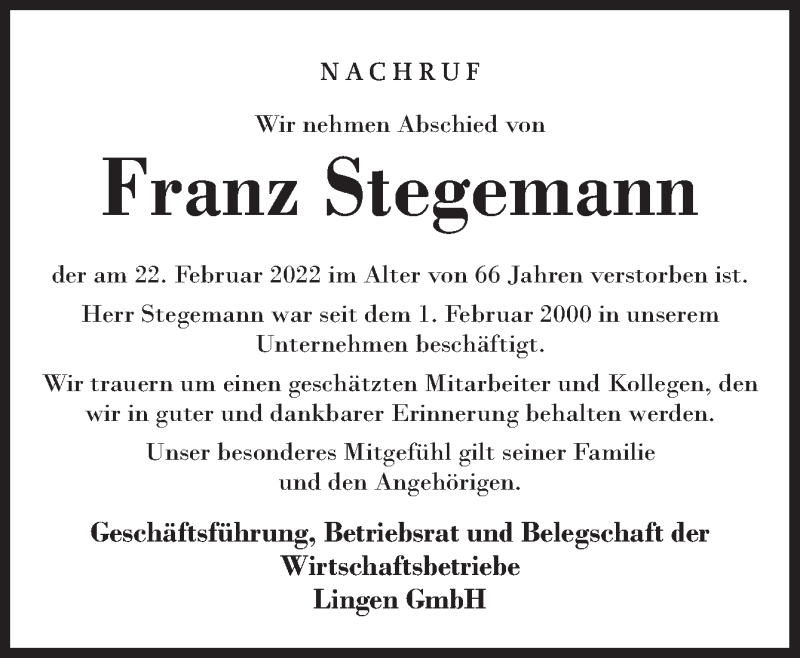  Traueranzeige für Franz Stegemann vom 25.02.2022 aus Neue Osnabrücker Zeitung GmbH & Co. KG