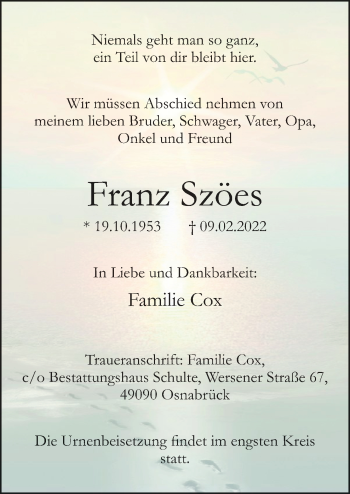Traueranzeige von Franz Szöes von Neue Osnabrücker Zeitung GmbH & Co. KG