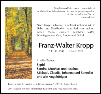 Traueranzeige von Franz-Walter Kropp von Neue Osnabrücker Zeitung GmbH & Co. KG