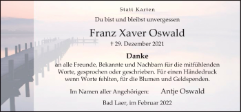 Traueranzeige von Franz Xaver Oswald von Neue Osnabrücker Zeitung GmbH & Co. KG